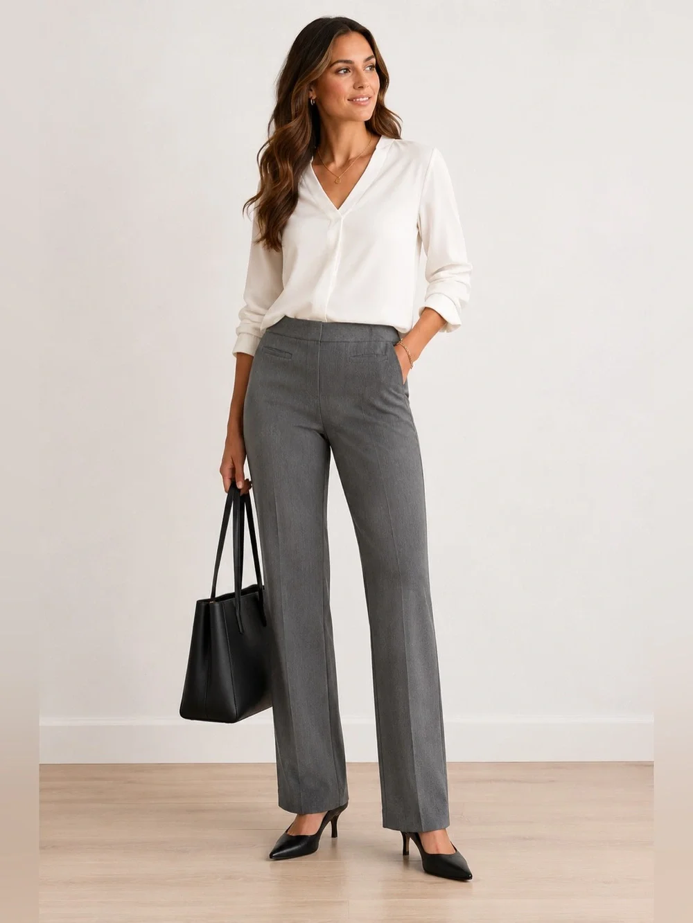 Liz Claiborne Audra Gray Pull On Dress Pants Petite 4 Straight Leg Career - Picture 1 of 4